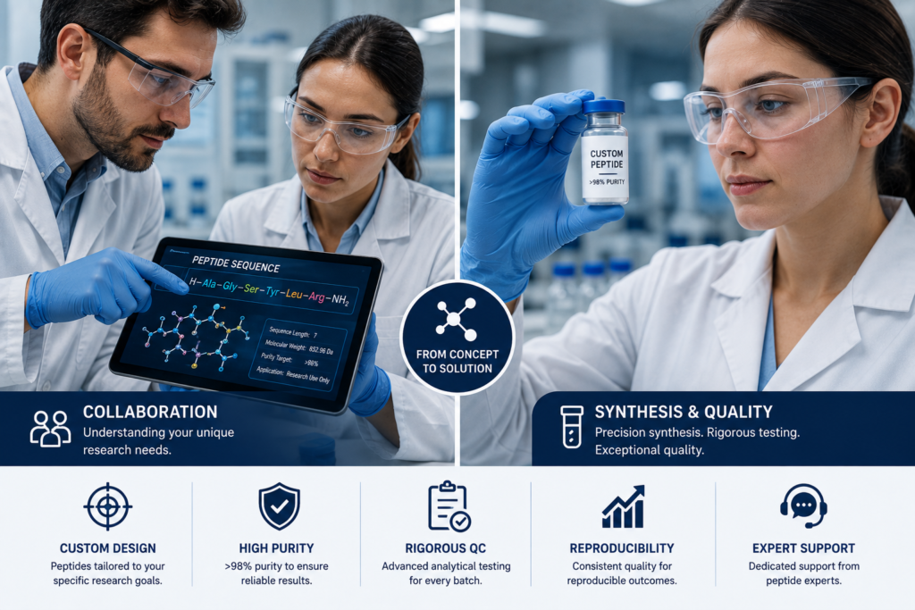 A split image showing a researcher discussing a peptide sequence on a tablet with a lab technician holding a vial, symbolizing collaboration and the synthesis process.