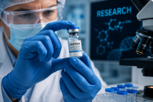 A close-up image of a researcher carefully handling a vial of peptide powder under a microscope or in a clean lab environment.